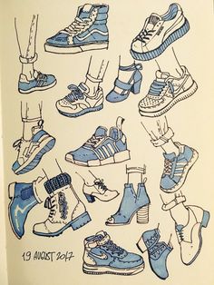 a drawing of many pairs of shoes and socks