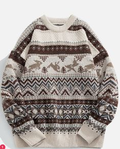 Winter Patterned Knitted Sweater, Cute Brown Crew Neck Sweater, Winter Knitted Patterned Sweater, Patterned Knitted Sweater For Winter, Winter Patterned Cotton Sweater, Casual Knitted Sweatshirt For Streetwear, Trendy Patterned Crew Neck Sweater, Oversized Brown Sweater With Graphic Print, Trendy Brown Sweater For Streetwear