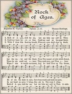 an old sheet with flowers and music notes on it's side, as well as the words rock of ages