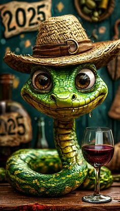 a snake wearing a hat next to a glass of wine