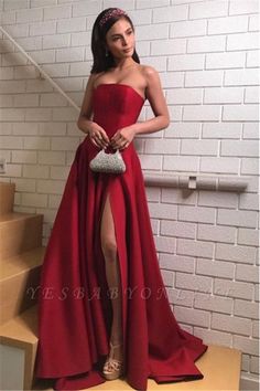 Strapless Prom Dress With Back Zipper, Red A-line Strapless Dress, Dark Red Prom Dresses, Dark Red Prom Dress, Burgundy Prom Dress Long, Red Prom Dresses, Robes Glamour, Satin Formal Dress, Trendy Prom Dresses