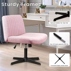 a pink office chair sitting on top of a wooden floor next to a white desk