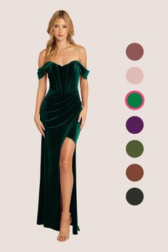 a woman in a green velvet dress with different colors and shapes to choose from, including the