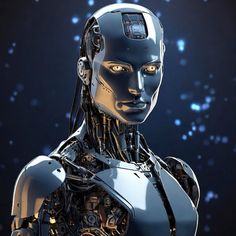 a robot looking at the camera with blue and white lights in the backgroud