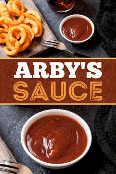 the cover of arby's sauce is shown with onion rings and dipping sauce