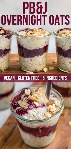 three desserts in small glass bowls with nuts on top and the text pb & j overnight oats