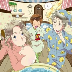 an anime scene with two people in bed and one woman looking at the camera while another person looks on