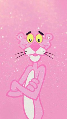 a pink cat with yellow eyes and black ears on it's face, standing in front of a pink background