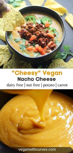 a bowl of cheesy vegan nacho cheese dip with tortilla chips