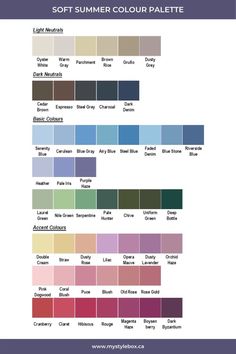 Cool Summer Pallete Colors, Summer Skin Palette, Summer Skin Tone Palette, Summer Personal Color Palette, Summer Clothing Palette, Light Summer Colors Palette, Summer Cool Color Palette, Muted Cool Colors