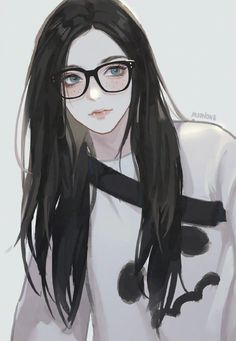 a drawing of a girl with glasses on her face and long black hair, wearing a white t - shirt