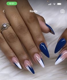 Sky Blue Nail Art Designs, Royal Blue Sns Nails, Navy Blue Nails Almond Shape, Royal Blue Nail Designs Ideas, Blue And Black Nails Designs, Blue Almond Nails Design, Blue And Silver Nail Designs, Fall Blue Nails, Blue And Black Nails