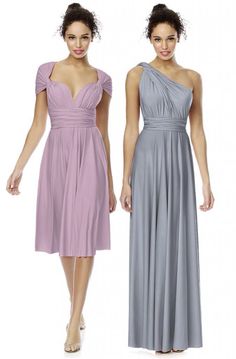 two bridesmaids in different dresses standing side by side, one wearing a pink and the other grey