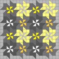 a gray and yellow pattern with white stars in the middle, on a grey background