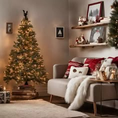 a living room with a christmas tree in the corner