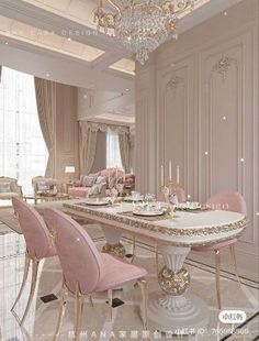 an elegant dining room with pink chairs and chandelier