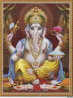 the lord ganesha is sitting in front of an ornate painting