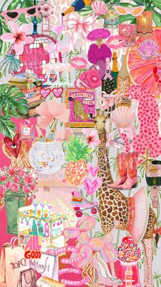 a collage of pink and green items with giraffes, palm trees, umbrellas