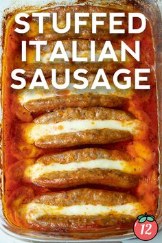 stuffed italian sausage in a casserole dish with text overlay