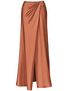 rust brown draped detailing wrap design front slit concealed rear zip fastening floor-length straight hem Brown Wrap Skirt, Skirt Draping, 60s Style, Skirt With Buttons, Draped Skirt, Satin Skirt, 60s Fashion, Wrap Skirt, Crossover