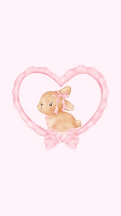 a watercolor painting of a bunny in a heart shaped frame with pink ribbon on it