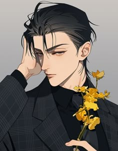 a man in a suit holding a flower and touching his face with one hand while looking at the other