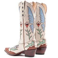 White Snip Toe Butterfly & Floral Inlay Knee Cowboy Boots for Women Carnival Barker, Country Outfit, Funky Shoes, Baby Cowboy, Swag Shoes, Beautiful Boots, White Boots, Dream Shoes