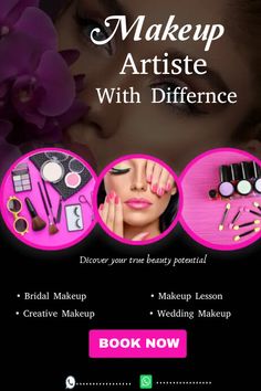 an advertisement for makeup artist with different pictures and text on the front cover, including pink flowers