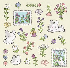 a bunch of stickers that are on the side of a wall with flowers and animals