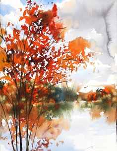 watercolor painting of trees with orange leaves