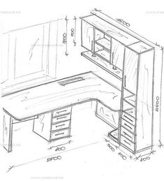 a drawing of an office desk with drawers and cupboards on the front, side by side