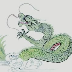 a drawing of a green dragon sitting on top of a body of water with its mouth open