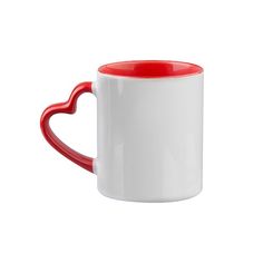 a red and white coffee mug with a heart handle on the inside is sitting in front of a white background