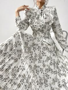 Women's Spring/Summer Floral Print Ruffle Hem Belted Long Sleeve Pleated Hem Elegant Dress Maxi Women Outfit White   Long Sleeve Fabric Floral  Non-Stretch Spring/Fall Women Clothing, size features are:Bust: ,Length: ,Sleeve Length: Clothes On People, Positivity Tattoo, Medieval Outfit, Floral Long Dress, Flower Prom Dress, Elegant Maxi Dress, French Floral, Floral Dresses Long, Hijab Outfits