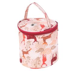 a pink and red lunch bag with deers on the front, one side is open