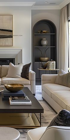 a living room filled with furniture and a fire place in the middle of a room