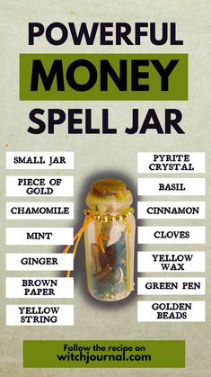 Today I'm gonna present you with a Money Spell Jar that works. This is a great spell to try if you are struggling with financial abundance and prosperity, or you want to manifest some quick money into your life. Prosperity Spell Jar Ingredients, Success Spell Jar Recipe, Money Spell Jar Ingredients, Money Bowl Spell Ingredients, Money Bowl Spell, Spell Jar Ingredients, Abundance Jar, Money Jar Spell, Abundance Spell Jar