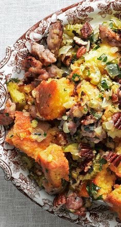 a white plate topped with bread and stuffing