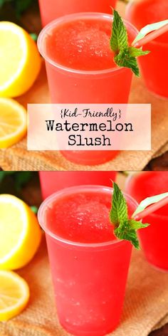 two glasses filled with watermelon slush and garnished with mint