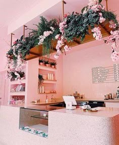 a kitchen with pink walls and flowers hanging from the ceiling