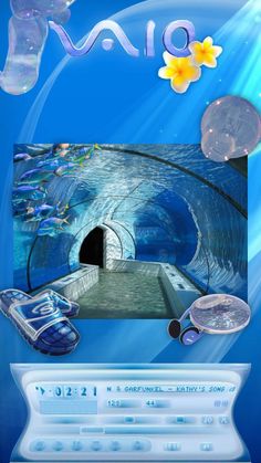 a computer screen with an image of a tunnel in the ocean and various objects surrounding it