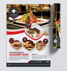 a restaurant brochure is shown with an image of food on the plate and wine glasses