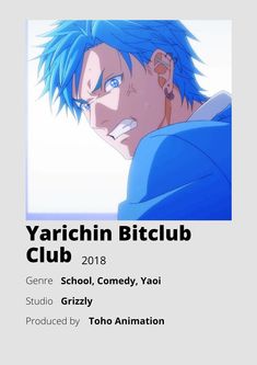 an anime character with blue hair in front of a white background and text that reads yarchhin bitclub