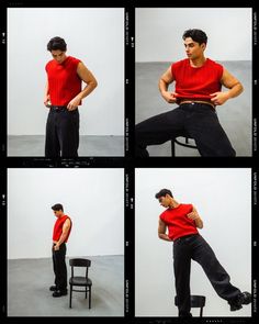 four different shots of a man sitting on a chair with his hands in his pockets