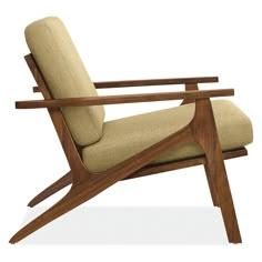 a wooden chair with beige upholstered fabric on the back and armrests