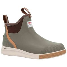 a pair of gray and brown rain boots