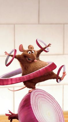 a cartoon mouse is balancing on top of an onion with rings around his neck and feet