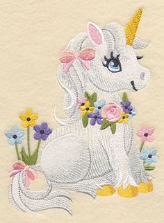 a white unicorn with flowers on it's back