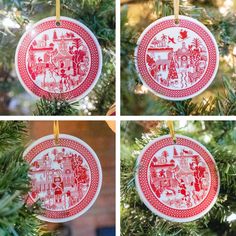 four pictures of christmas ornaments hanging from a tree with red and white designs on them