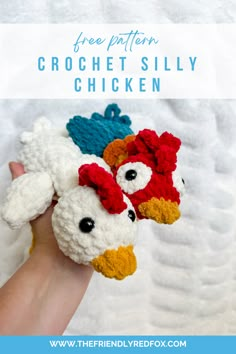 crochet chicken finger puppets with text overlay reading free pattern crochet silly chicken